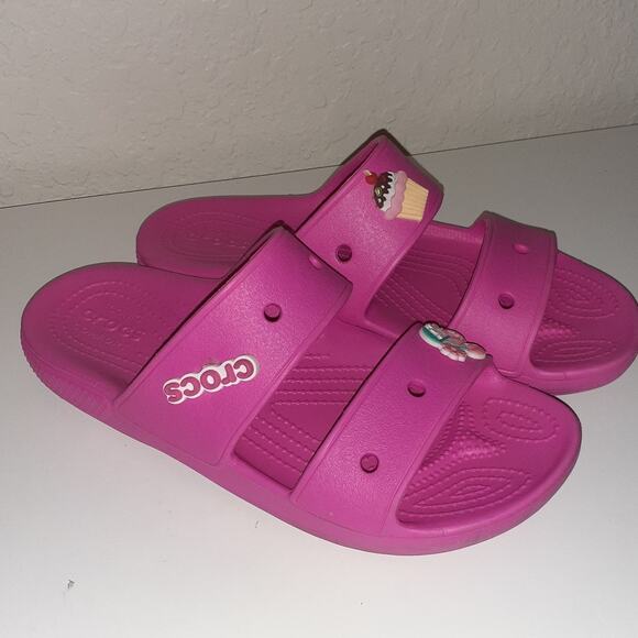 CROCS Iconic Ladies Pink Two Strap Comfort Slides Sandals Jibbitz size 9 EUC - Picture 1 of 6